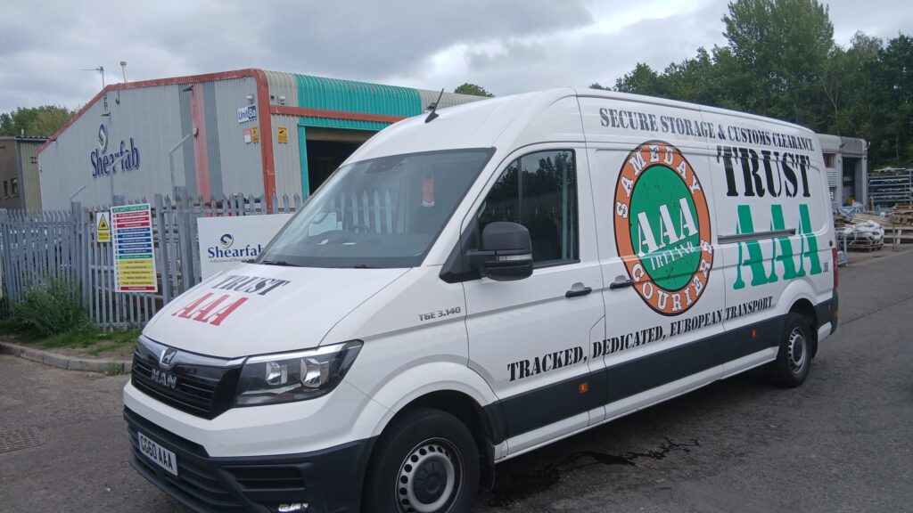 AAA Vans courier van collecting from a sign manufacturing and steel fabrication site